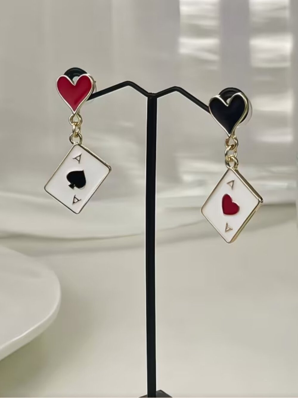 NEW Card Shark Red and Black Enamel Playing Card Drop Earrings Poker Vegas